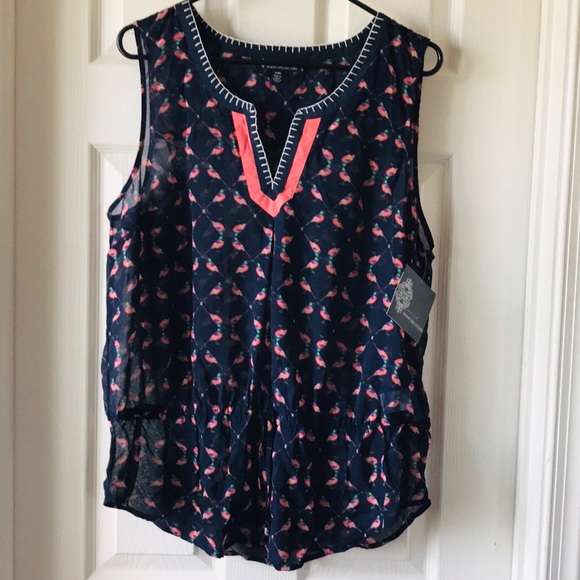 Signature Studio Tops - Navy Blue Sleeveless Bird Print Blouse